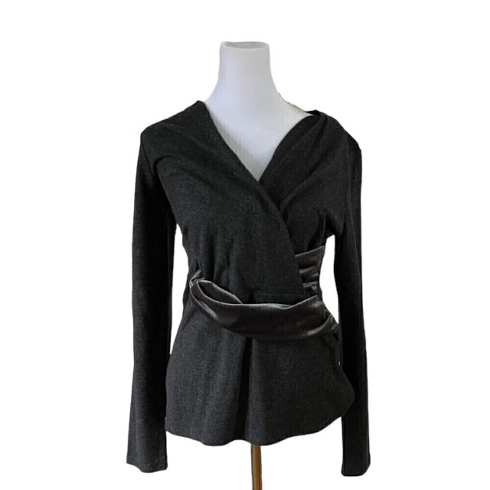 White House Black Market Gray Wrap Top w/ Velvet Detail Size S NWT - Picture 3 of 8